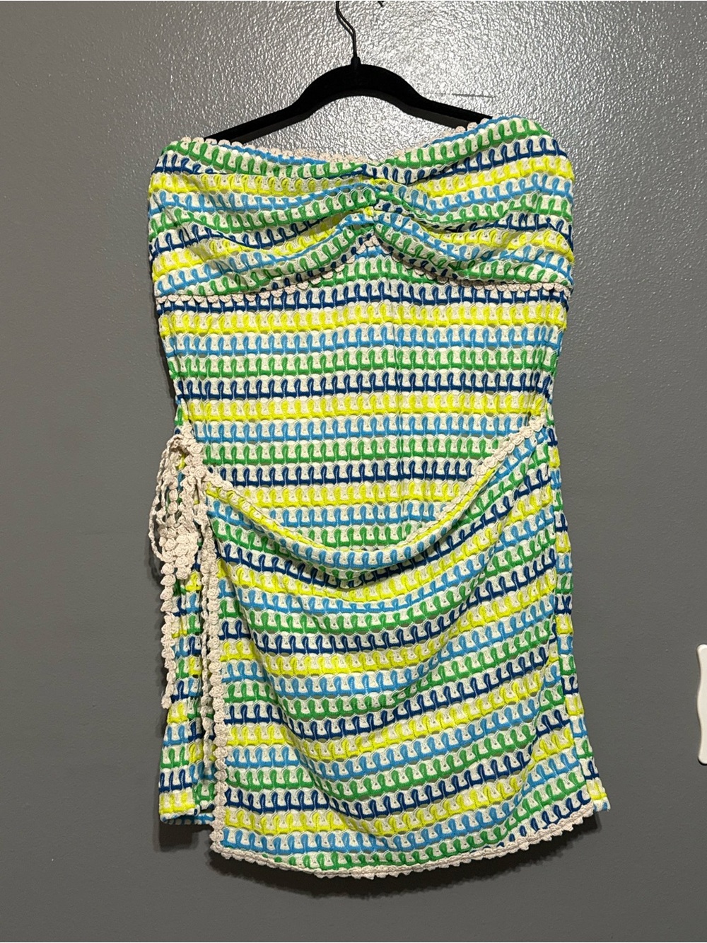 Crocheted Strapless Mini Wrap Dress in Blue/Green/Yellow